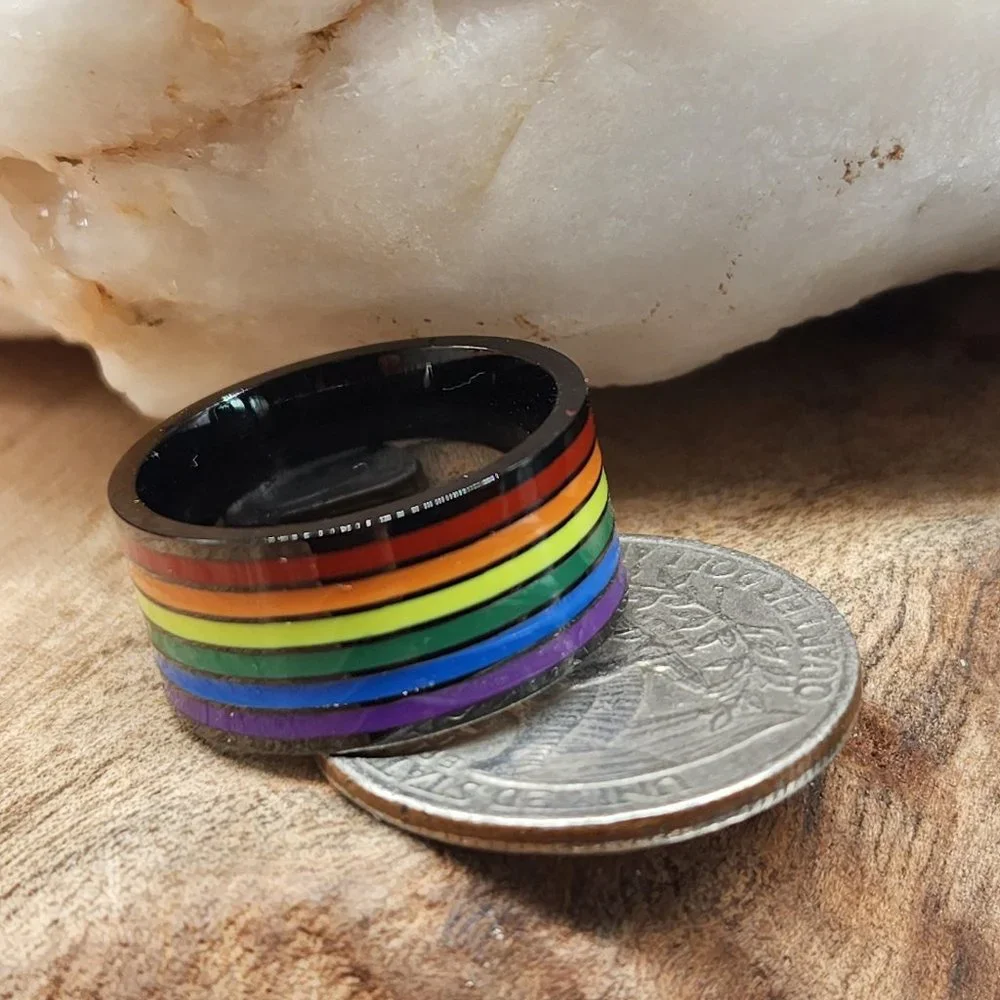 Black Rhodium Rainbow Hand Enameled Designer Ring Unisex Jewelry